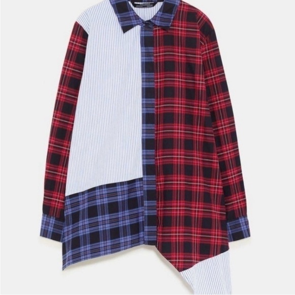 Zara Women Premium Denim Collection Plaid and Striped Long Sleeve Shirt Size XS - Picture 3 of 7